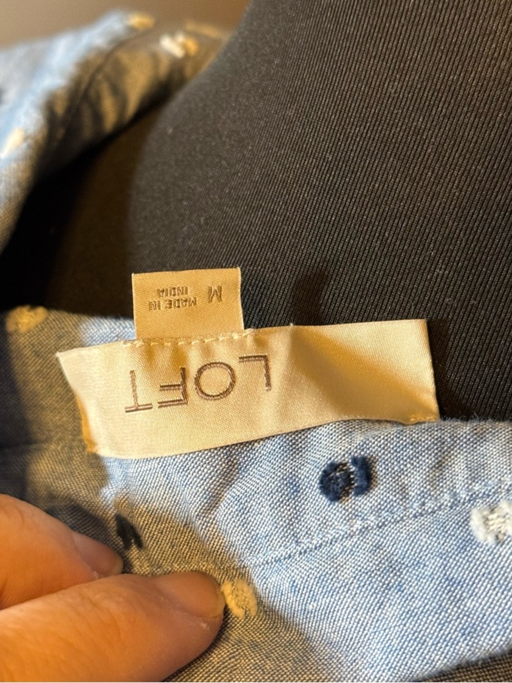 LOFT Light Blue Button-Down Shirt with Navy and Yellow Dot Print - Picture 4 of 4